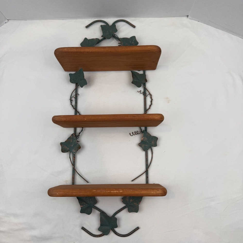Vintage 3 Tier Wood and Ivy Metal Leaf Wall Shelf Green Copper Patina Distressed